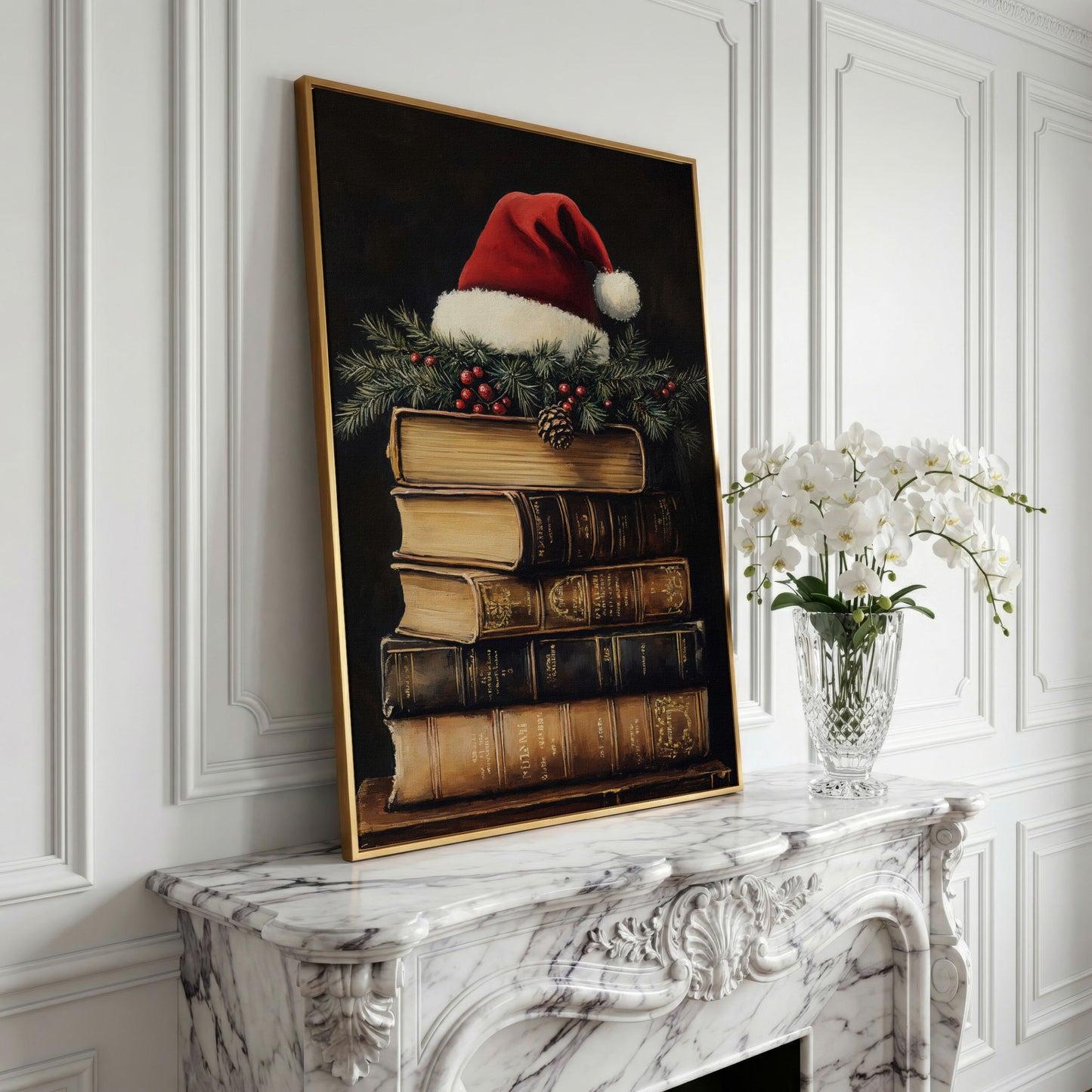 Festive Holiday Books with Santa Hat Canvas in yellow gold floating frame