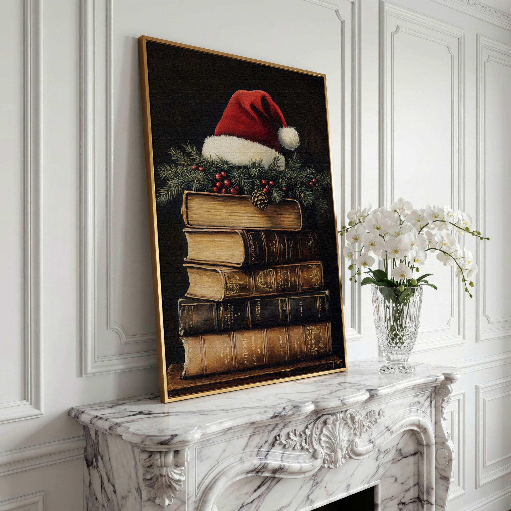 Festive Holiday Books with Santa Hat Canvas in yellow gold floating frame