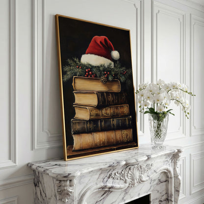 Festive Holiday Books with Santa Hat Canvas in yellow gold floating frame