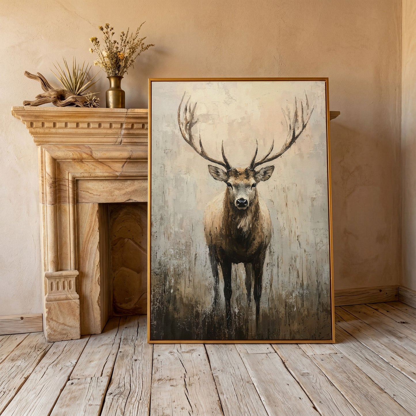 Majestic Reindeer Canvas. Portrait Stag in Taupe & Ecru in antique gold floating frame