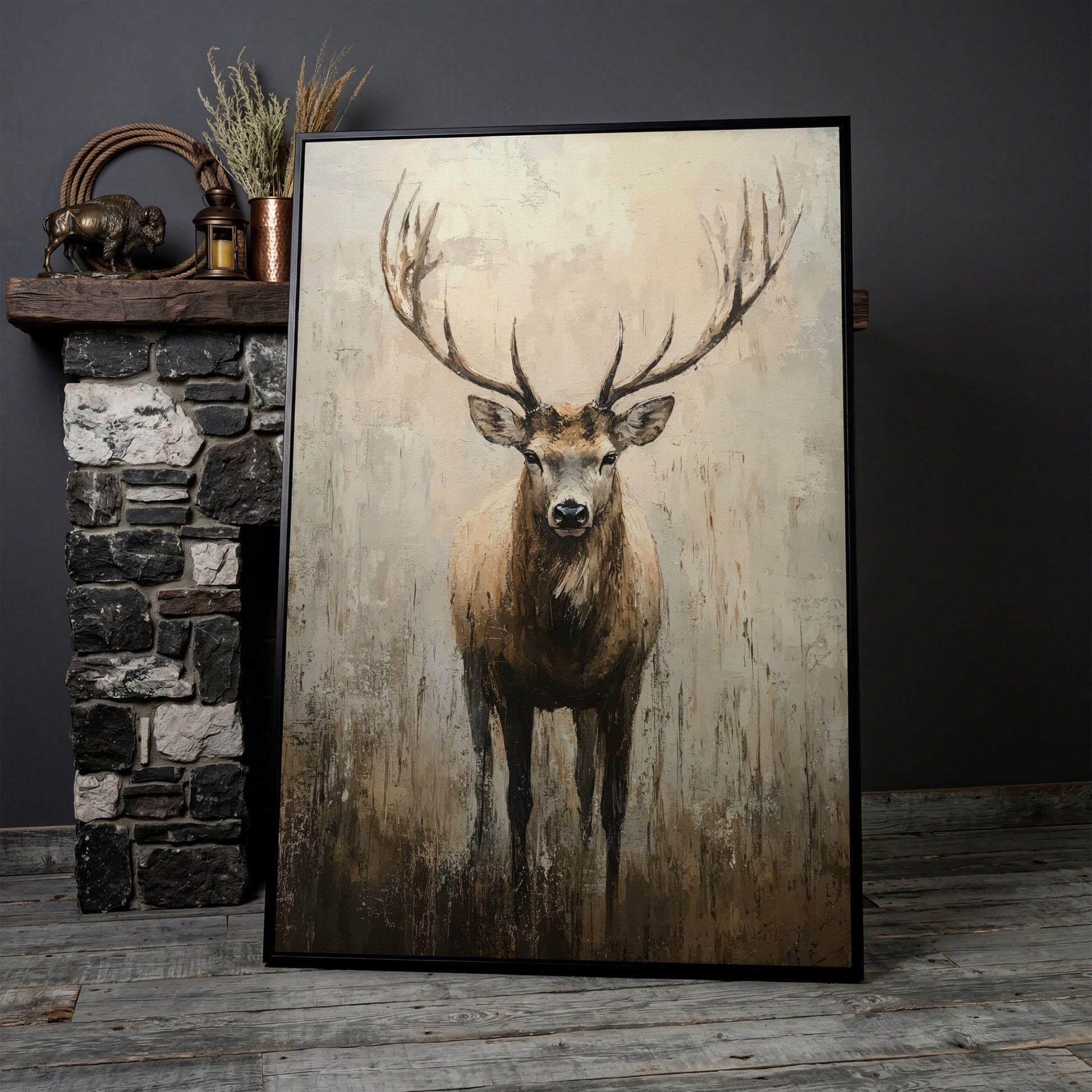 Majestic Reindeer Canvas. Portrait Stag in Taupe & Ecru in black floating frame