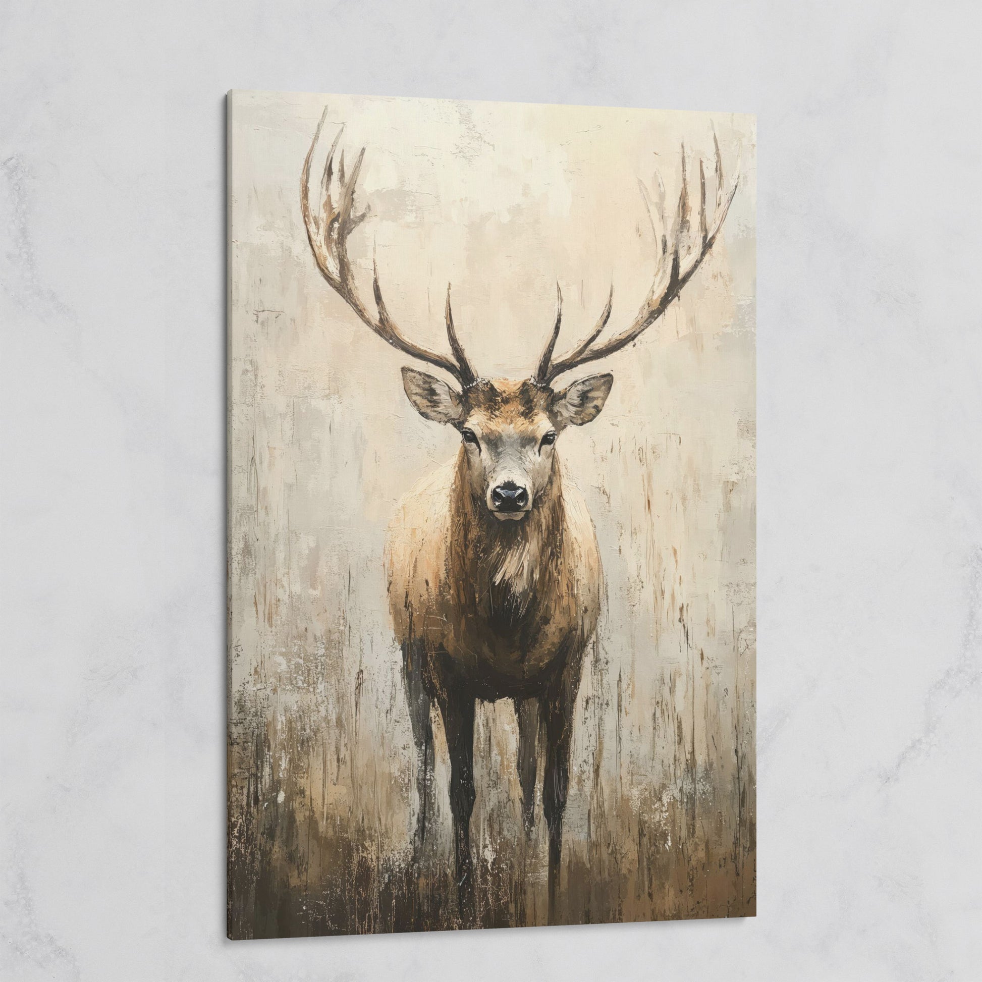 Majestic Reindeer Canvas. Portrait Stag in Taupe & Ecru on gallery wrap