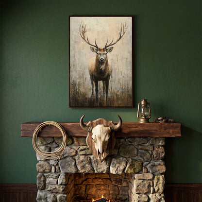 Majestic Reindeer Canvas. Portrait Stag in Taupe & Ecru in dark walnut floating frame