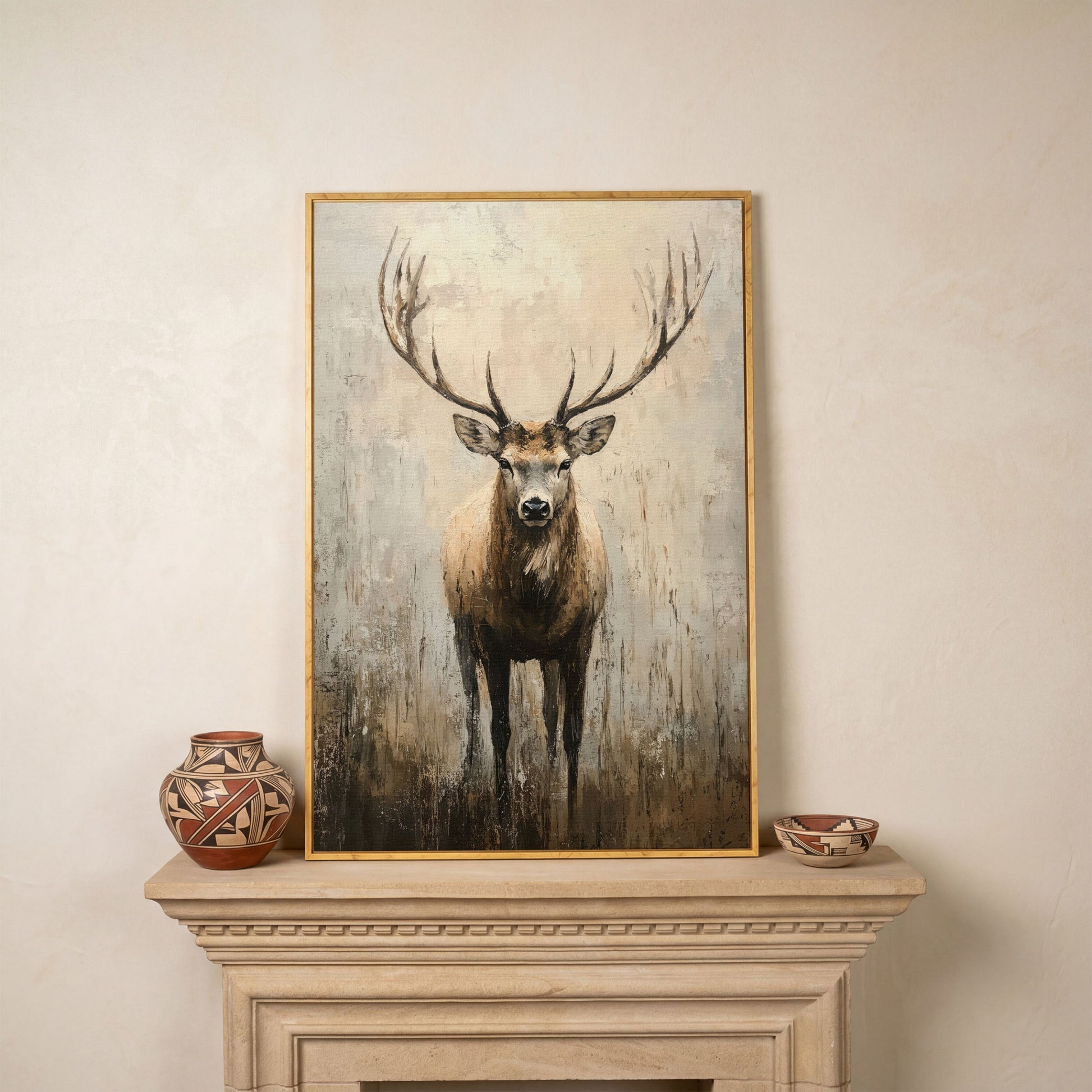 Majestic Reindeer Canvas. Portrait Stag in Taupe & Ecru in white oak floating frame