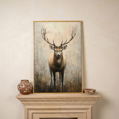 Majestic Reindeer Canvas. Portrait Stag in Taupe & Ecru in white oak floating frame