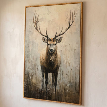 Majestic Reindeer Canvas. Portrait Stag in Taupe & Ecru shown in white oak floating frame
