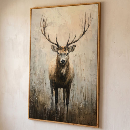 Majestic Reindeer Canvas. Portrait Stag in Taupe & Ecru shown in white oak floating frame