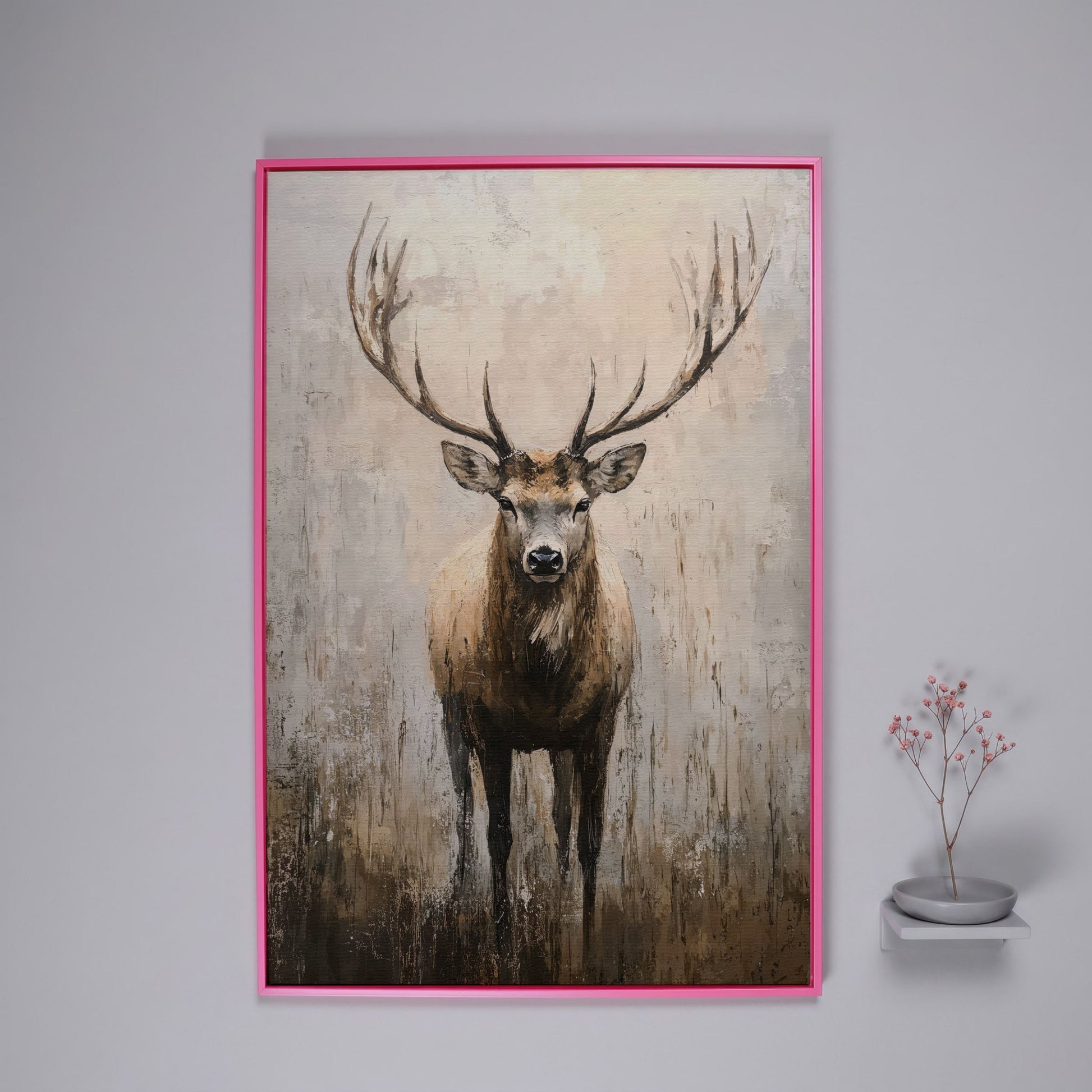 Majestic Reindeer Canvas. Portrait Stag in Taupe & Ecru in pink floating frame