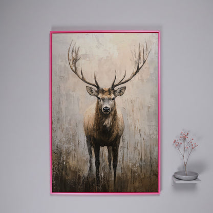 Majestic Reindeer Canvas. Portrait Stag in Taupe & Ecru in pink floating frame