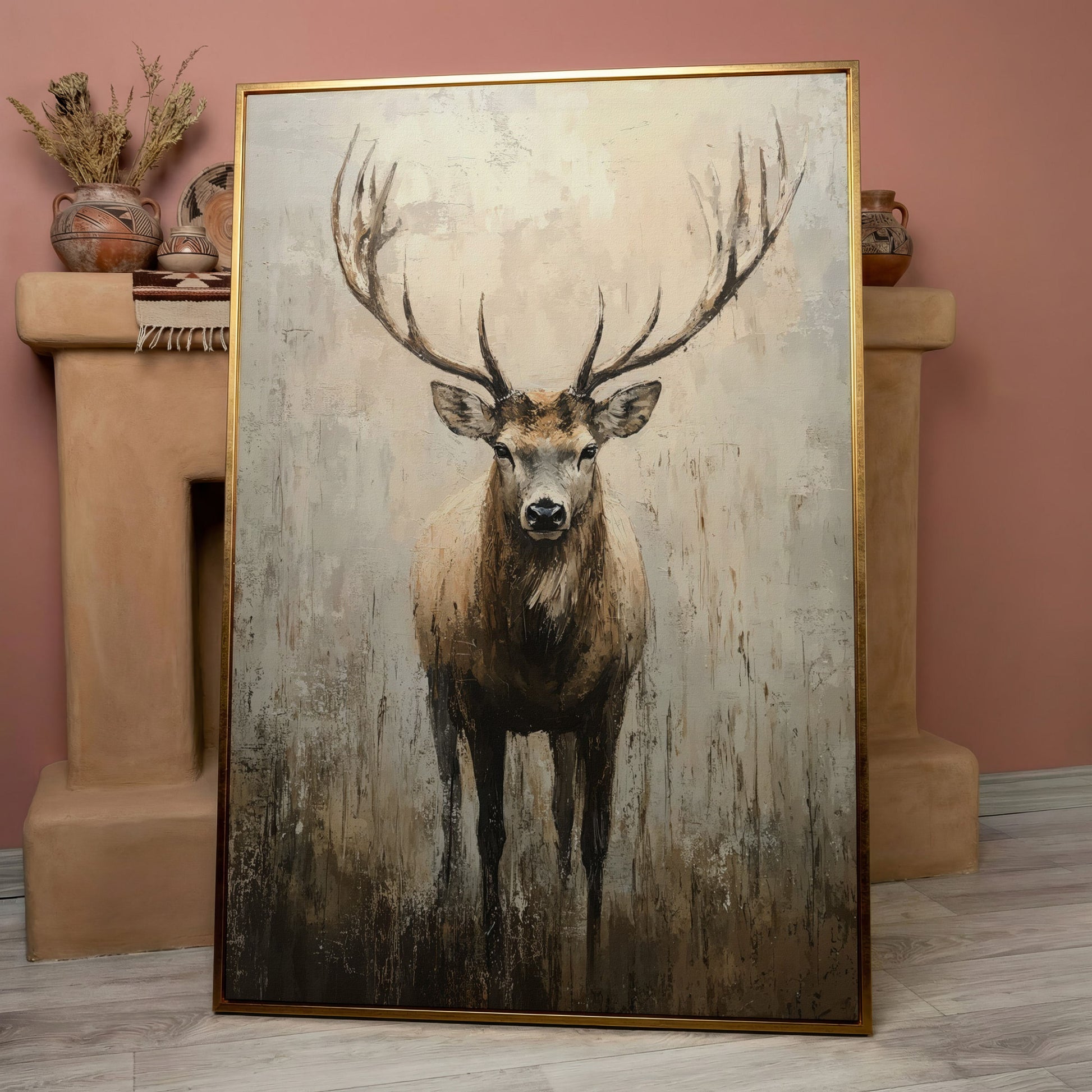 Majestic Reindeer Canvas. Portrait Stag in Taupe & Ecru in rose gold floating frame