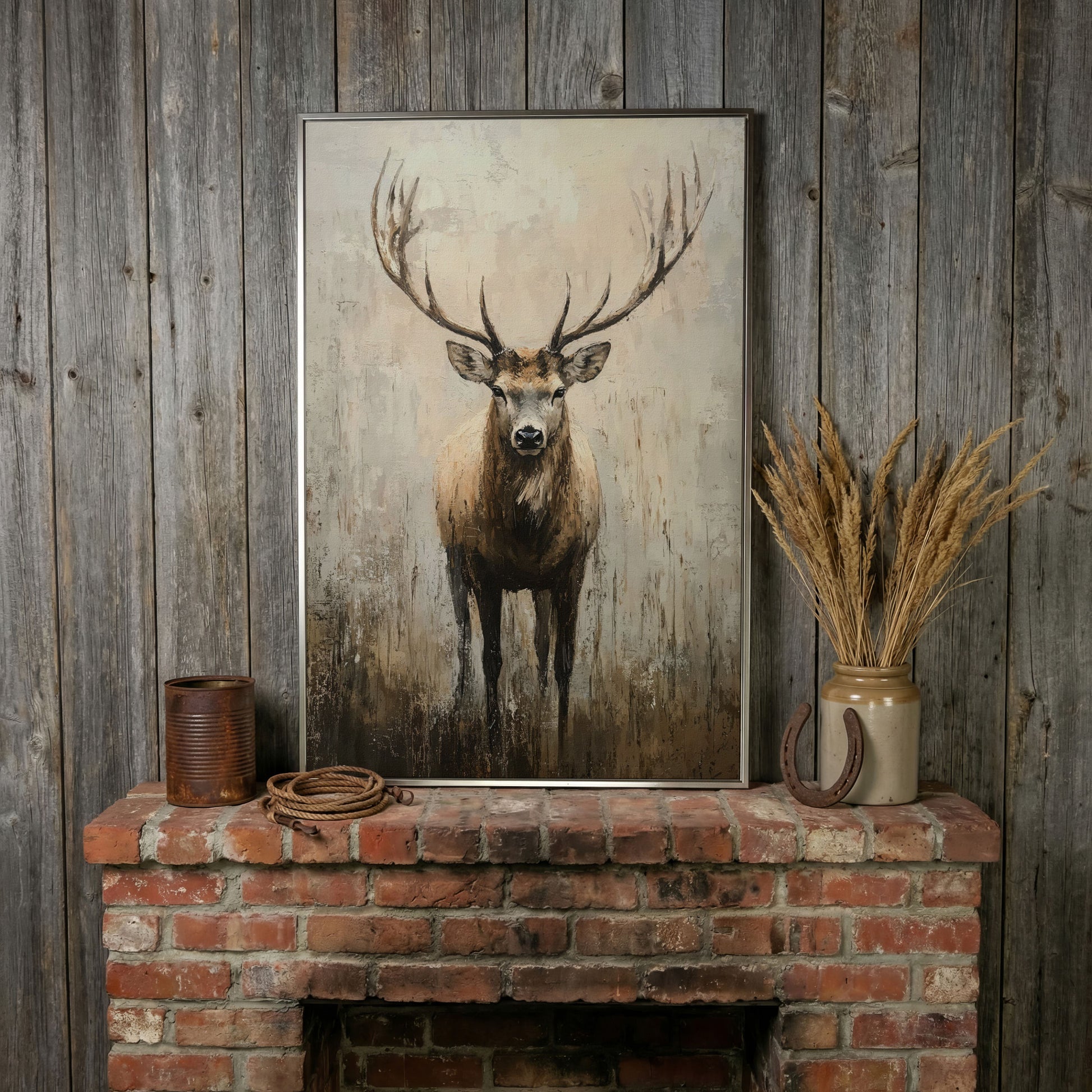 Majestic Reindeer Canvas. Portrait Stag in Taupe & Ecru in silver floating frame