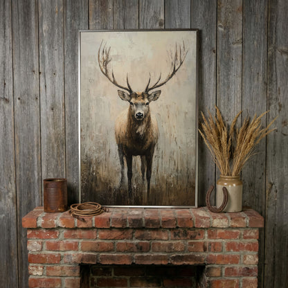 Majestic Reindeer Canvas. Portrait Stag in Taupe & Ecru in silver floating frame