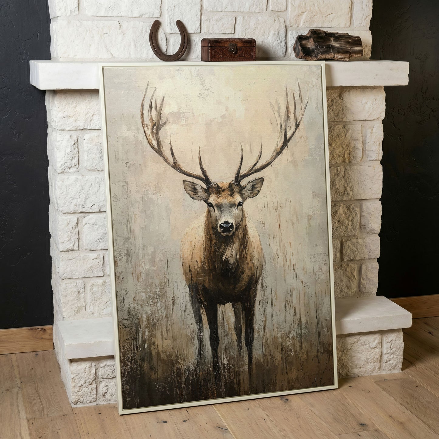 Majestic Reindeer Canvas. Portrait Stag in Taupe & Ecru in white floating frame