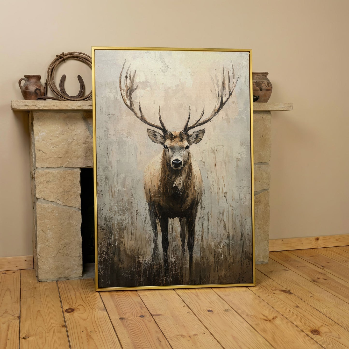 Majestic Reindeer Canvas. Portrait Stag in Taupe & Ecru in yellow gold floating frame