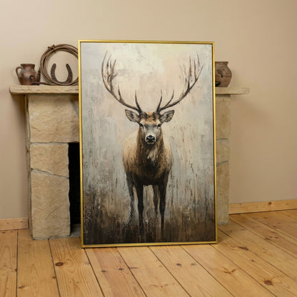 Majestic Reindeer Canvas. Portrait Stag in Taupe & Ecru in yellow gold floating frame