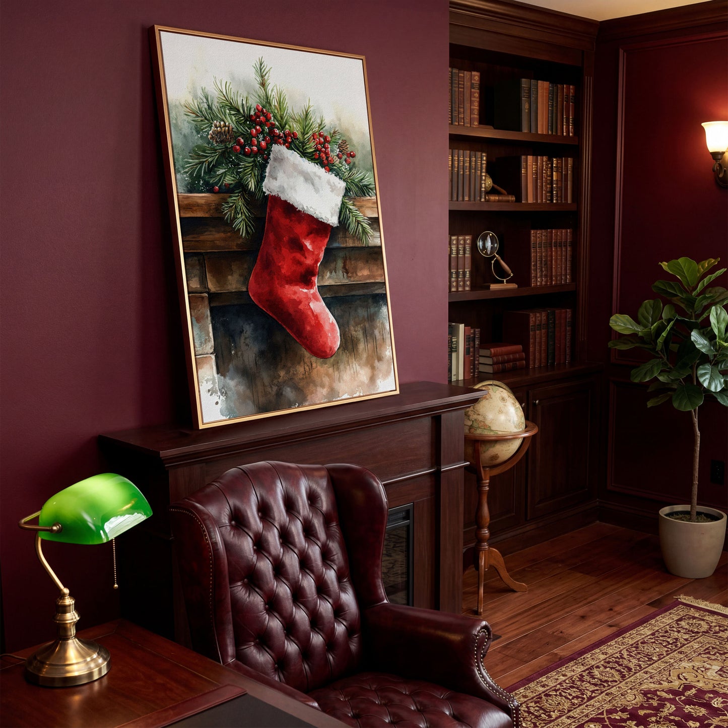 Red Christmas Stocking with Pine Twigs Canvas in antique gold floating frame
