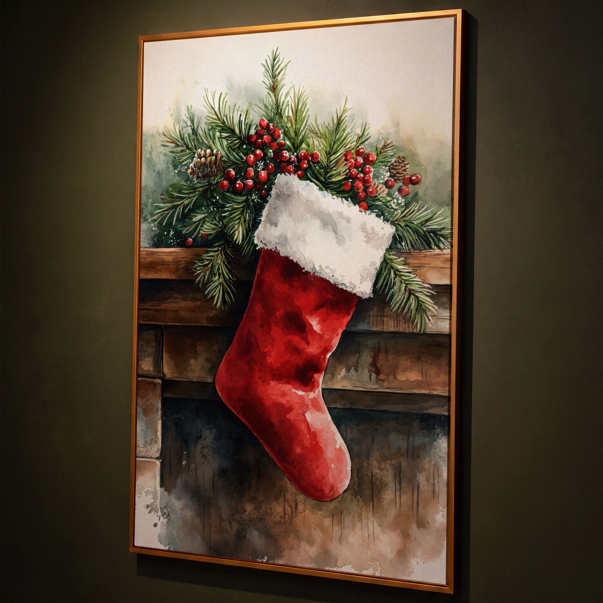 Red Christmas Stocking with Pine Twigs Canvas shown in antique gold floating frame