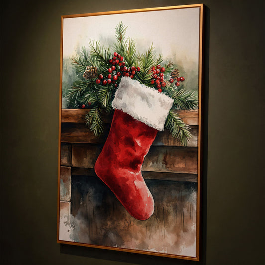 Red Christmas Stocking with Pine Twigs Canvas shown in antique gold floating frame