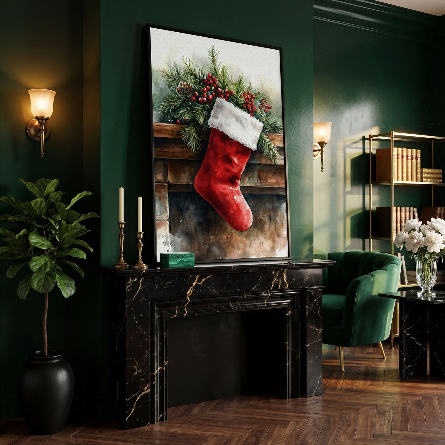 Red Christmas Stocking with Pine Twigs Canvas in black floating frame