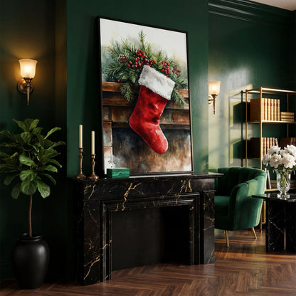 Red Christmas Stocking with Pine Twigs Canvas in black floating frame