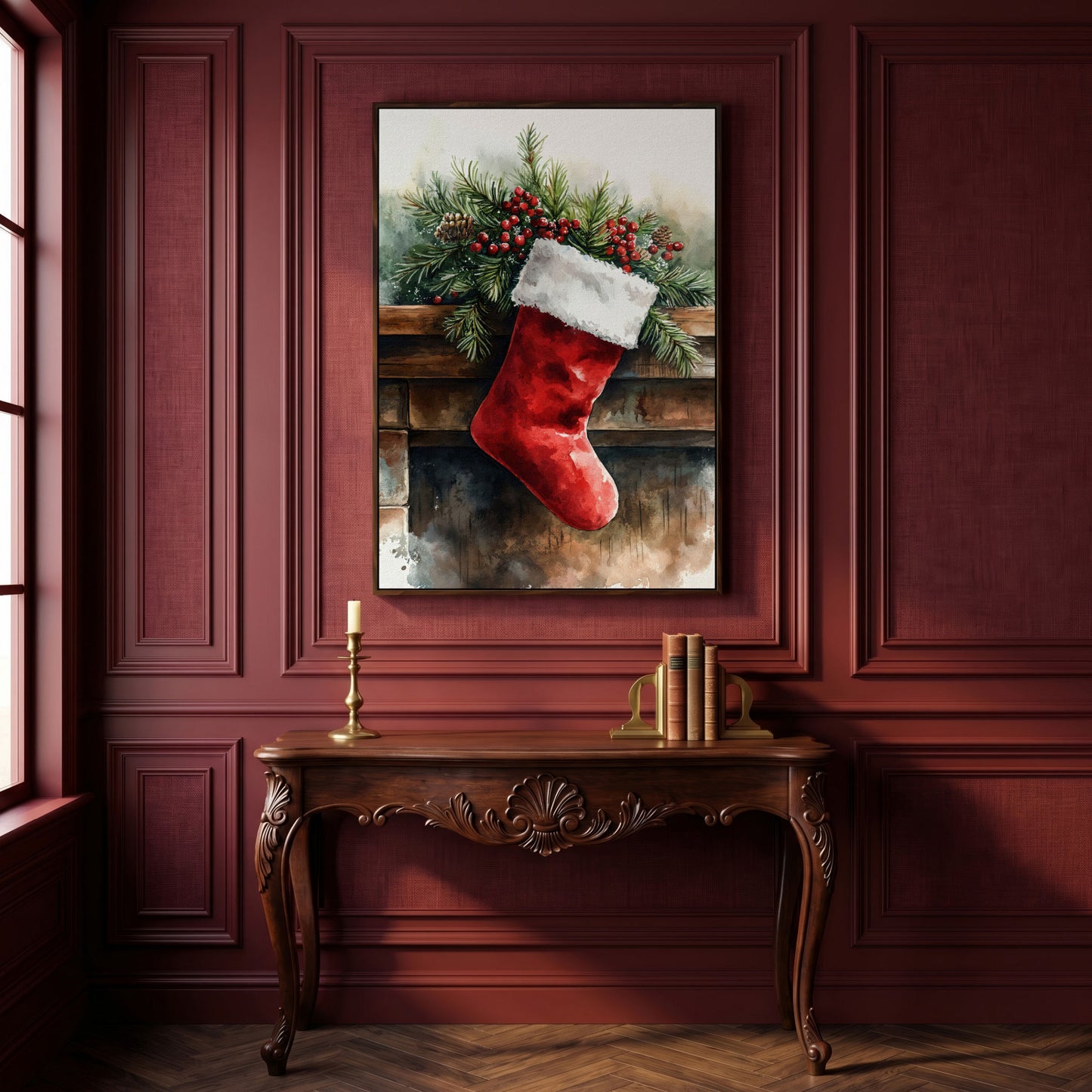 Red Christmas Stocking with Pine Twigs Canvas in dark walnut floating frame