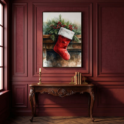 Red Christmas Stocking with Pine Twigs Canvas in dark walnut floating frame