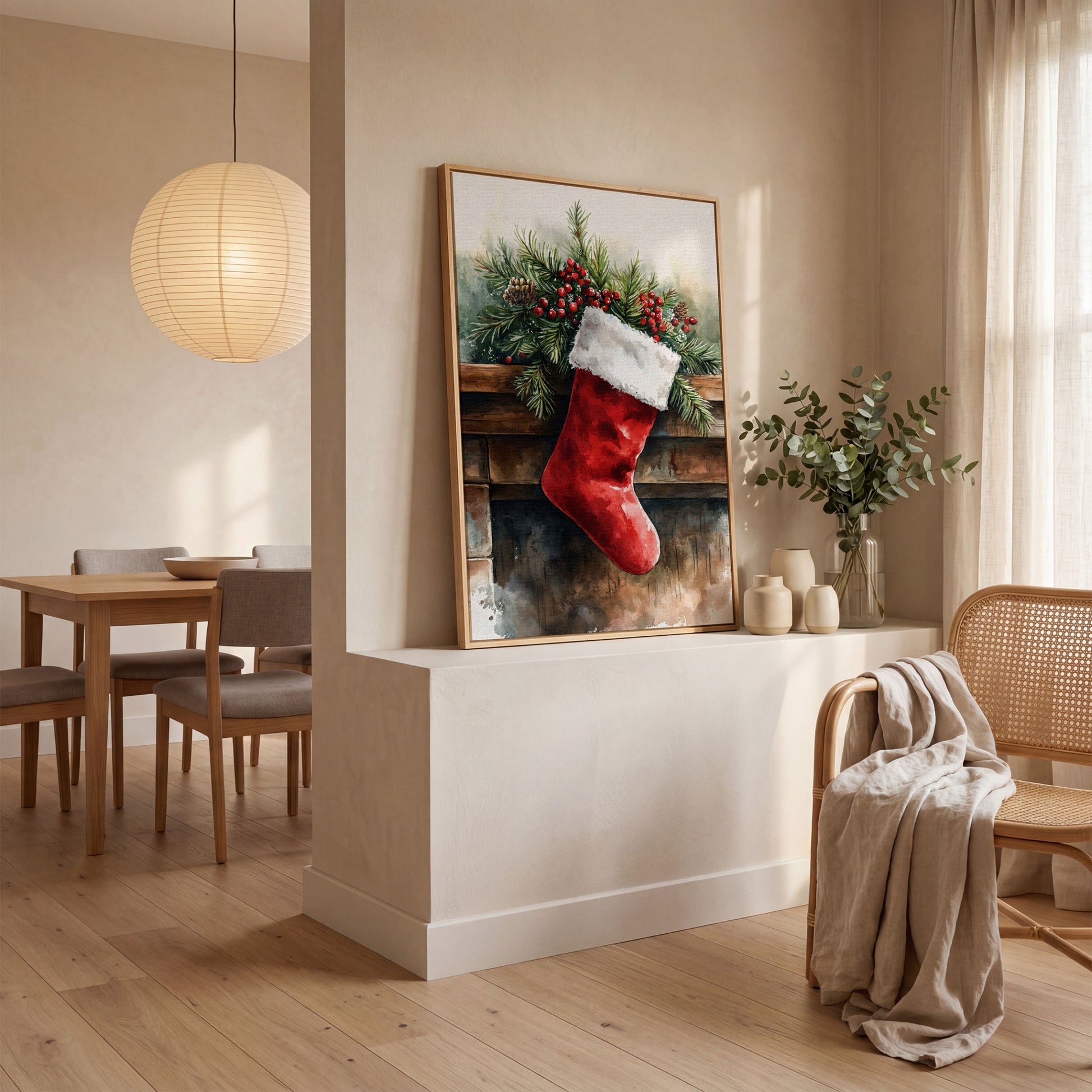 Red Christmas Stocking with Pine Twigs Canvas in white oak floating frame