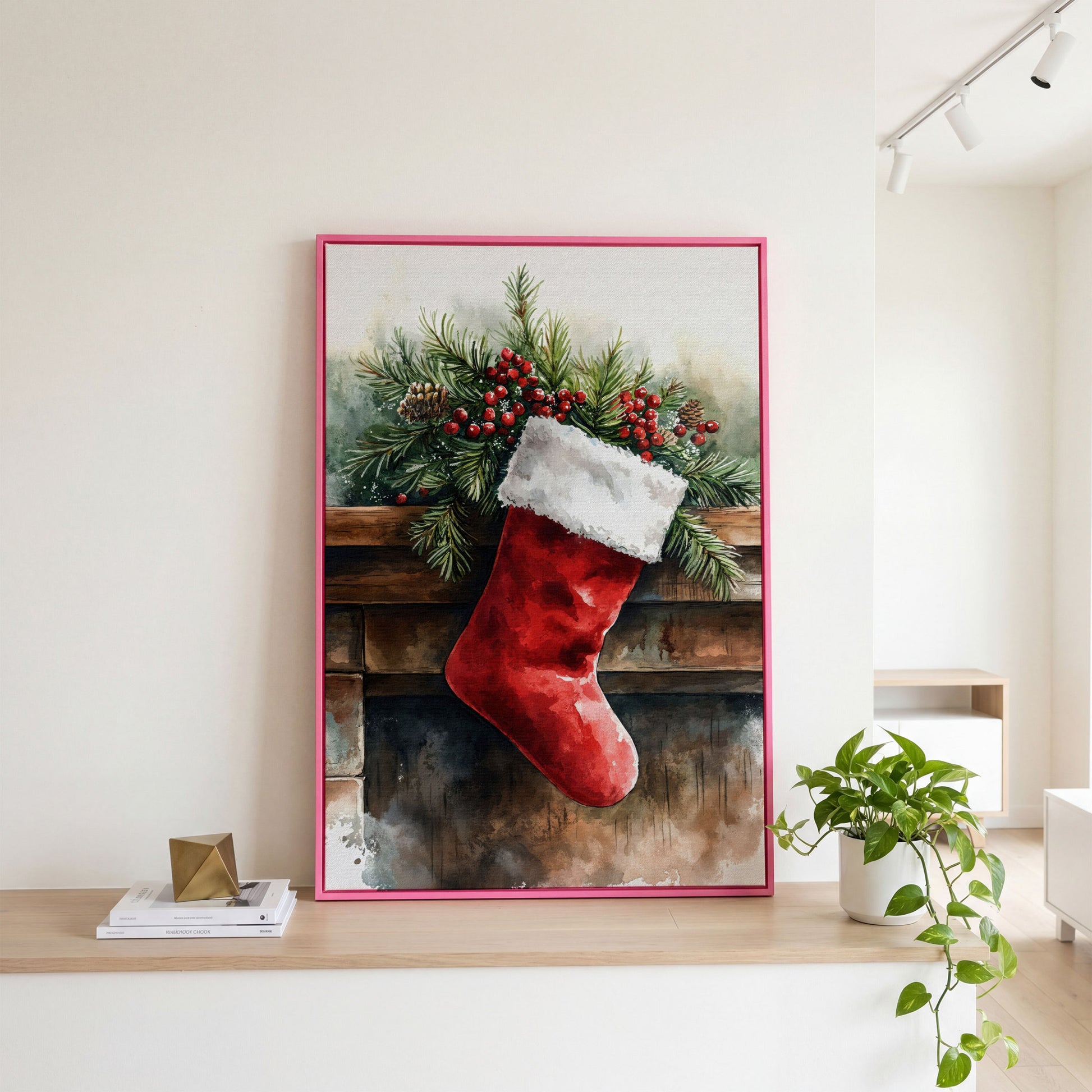 Red Christmas Stocking with Pine Twigs Canvas in pink floating frame