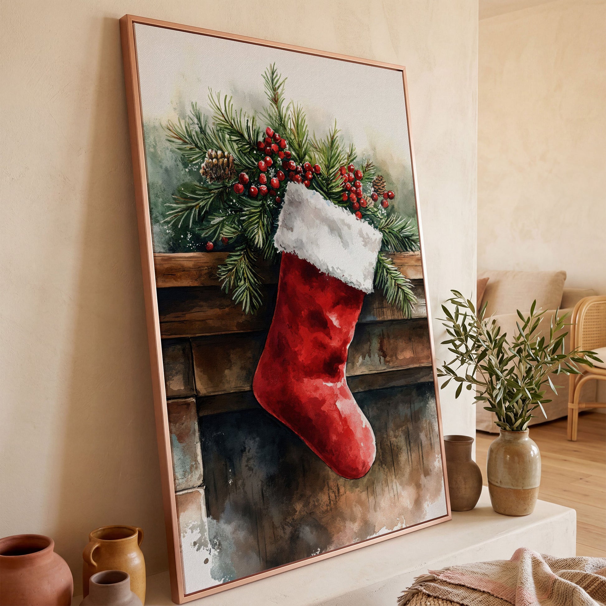 Red Christmas Stocking with Pine Twigs Canvas in rose gold floating frame