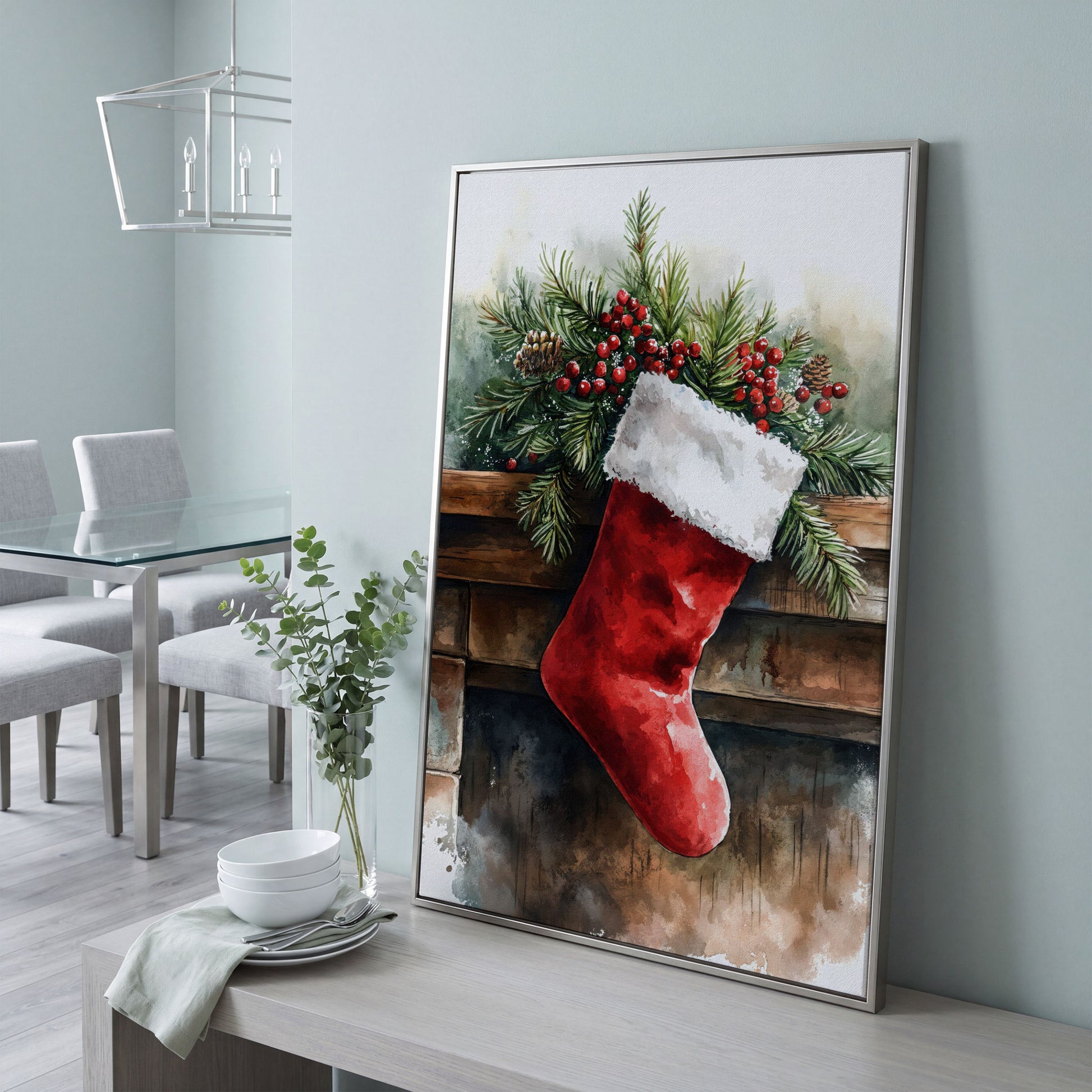Red Christmas Stocking with Pine Twigs Canvas in silver floating frame