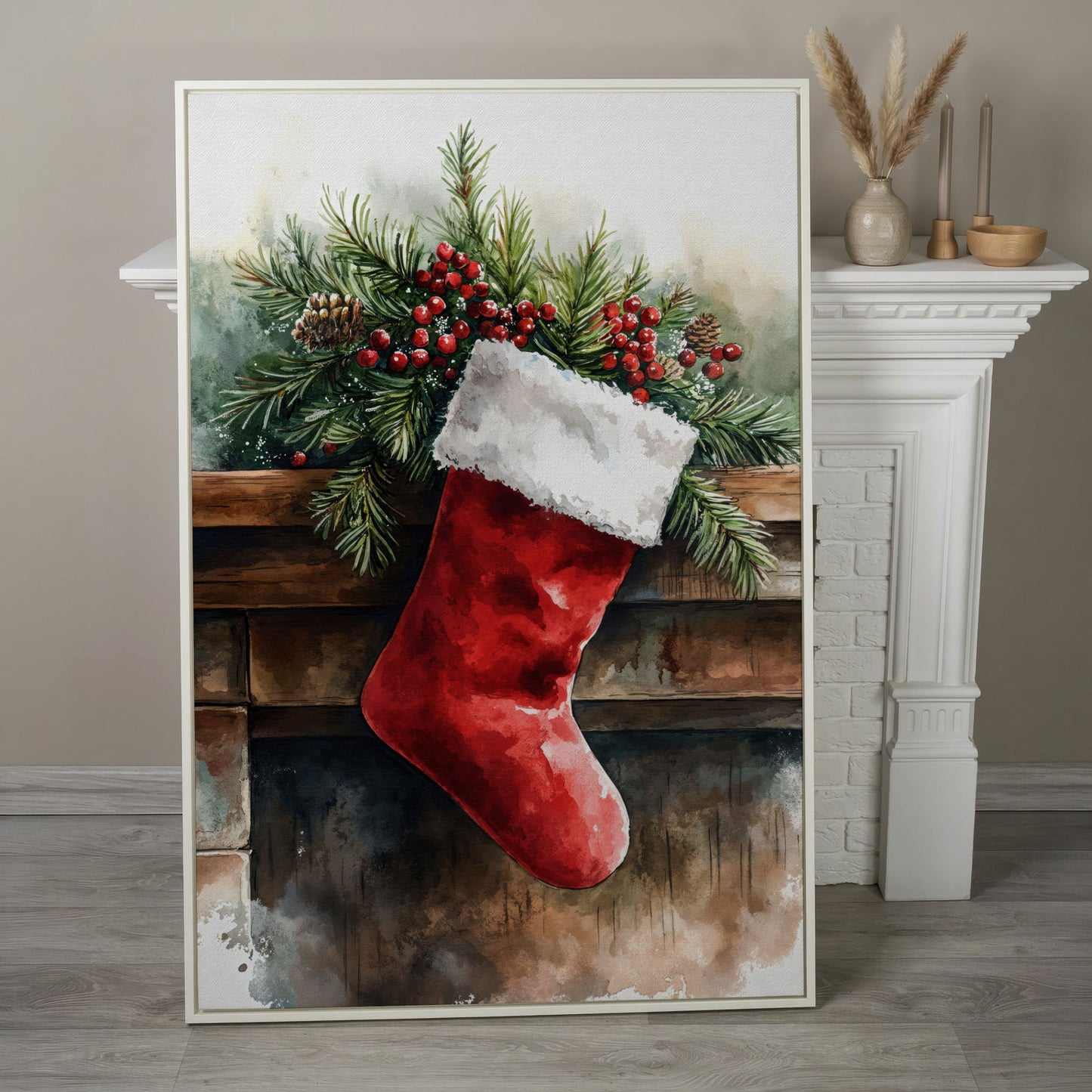 Red Christmas Stocking with Pine Twigs Canvas in white floating frame