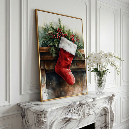 Red Christmas Stocking with Pine Twigs Canvas in yellow gold floating frame