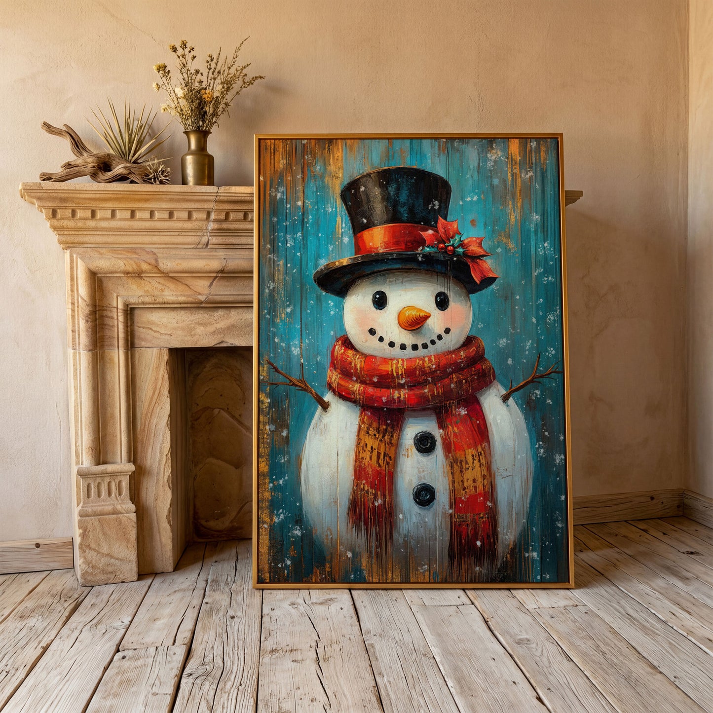 Whimsical Smiling Snowman Canvas Print in antique gold floating frame