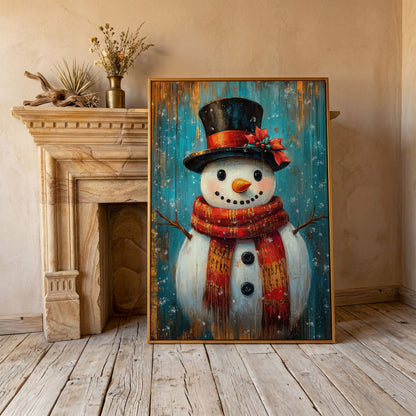 Whimsical Smiling Snowman Canvas Print in antique gold floating frame