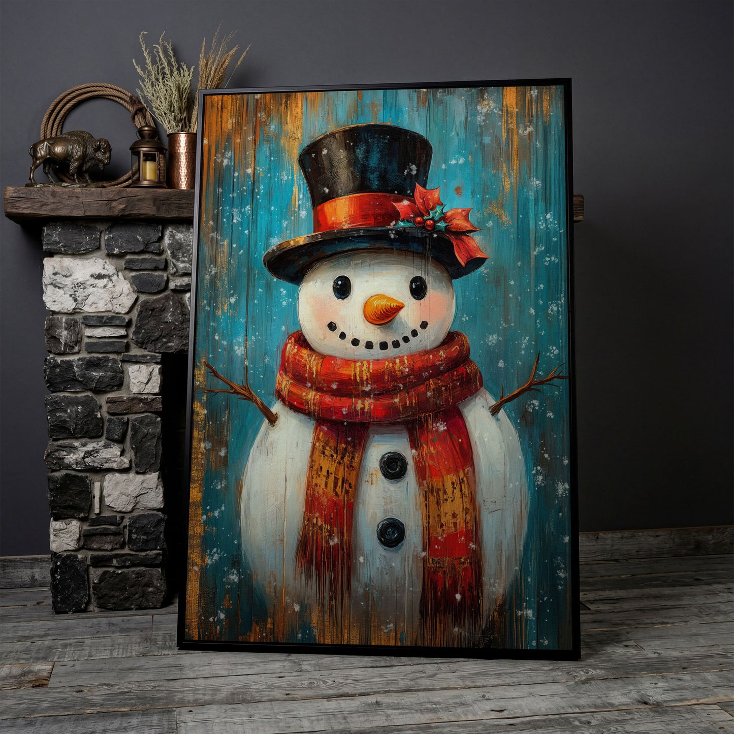 Whimsical Smiling Snowman Canvas Print in black floating frame