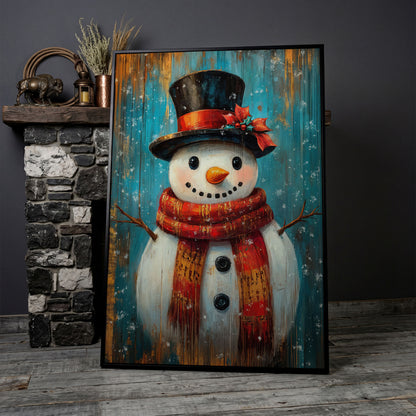 Whimsical Smiling Snowman Canvas Print in black floating frame