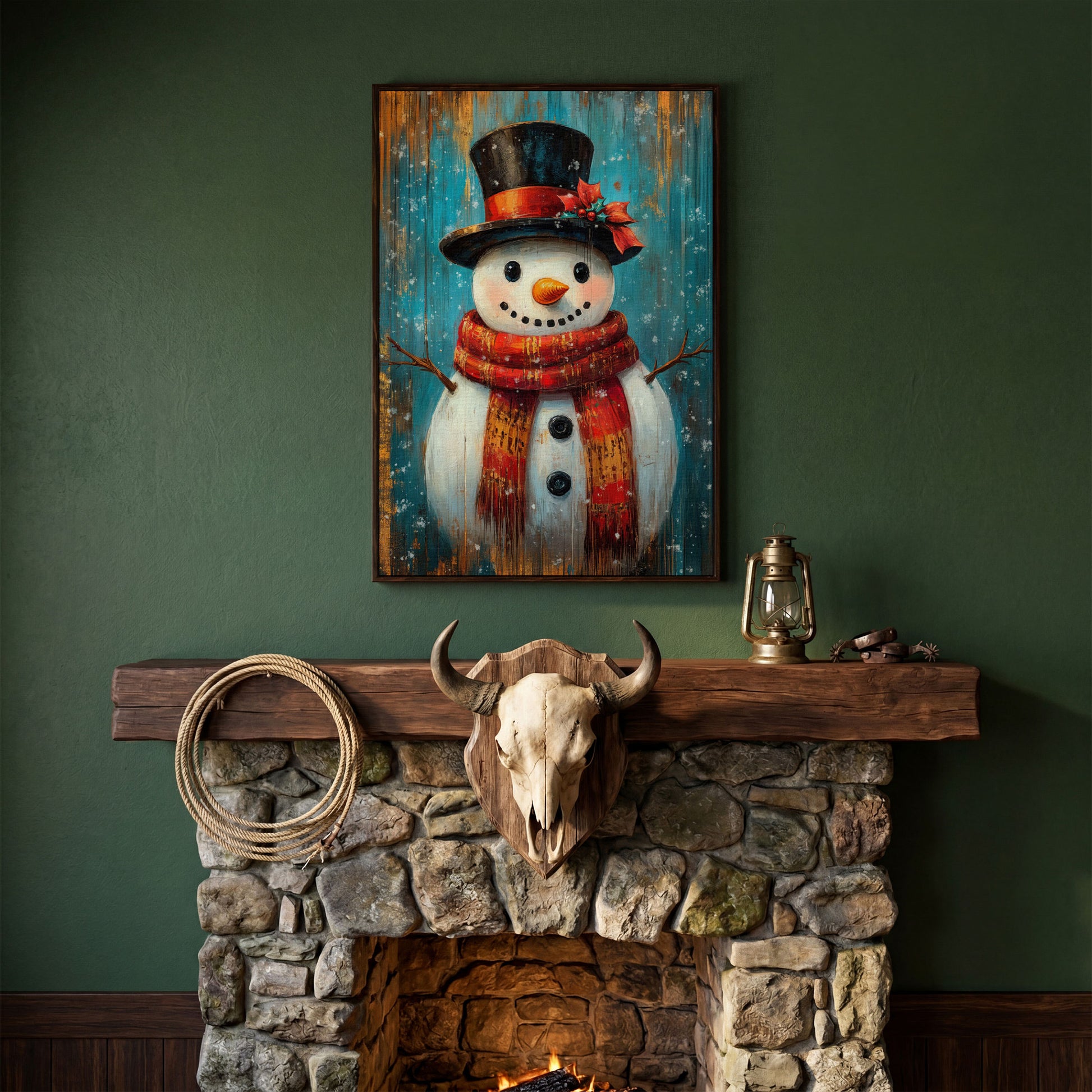 Whimsical Smiling Snowman Canvas Print in dark walnut floating frame