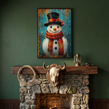 Whimsical Smiling Snowman Canvas Print in dark walnut floating frame