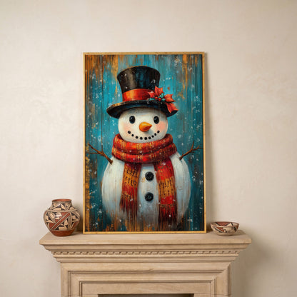 Whimsical Smiling Snowman Canvas Print in white oak floating frame