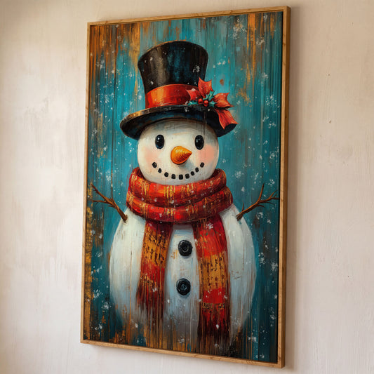 Whimsical Smiling Snowman Canvas Print shown in white oak floating frame