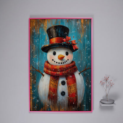 Whimsical Smiling Snowman Canvas Print in pink floating frame