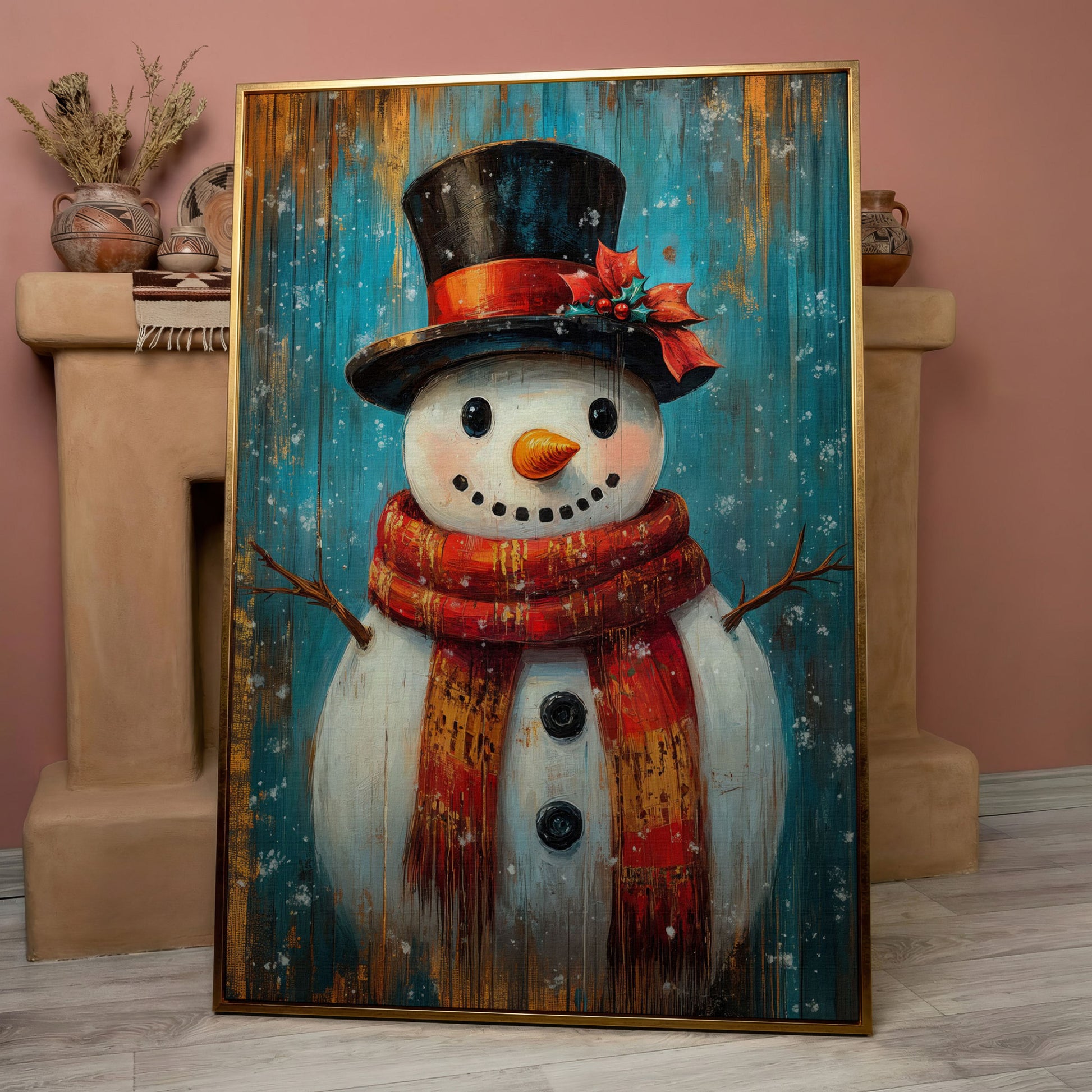 Whimsical Smiling Snowman Canvas Print in rose gold floating frame
