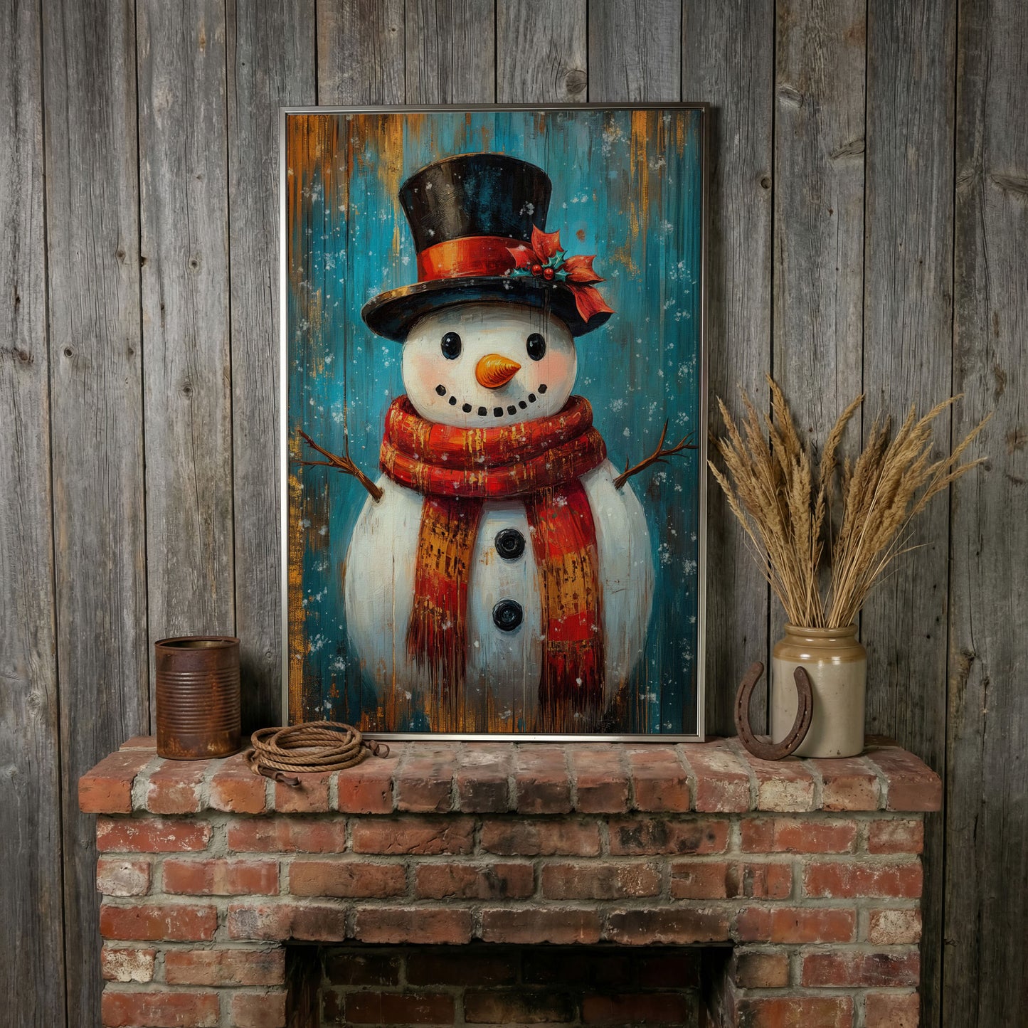 Whimsical Smiling Snowman Canvas Print in silver floating frame