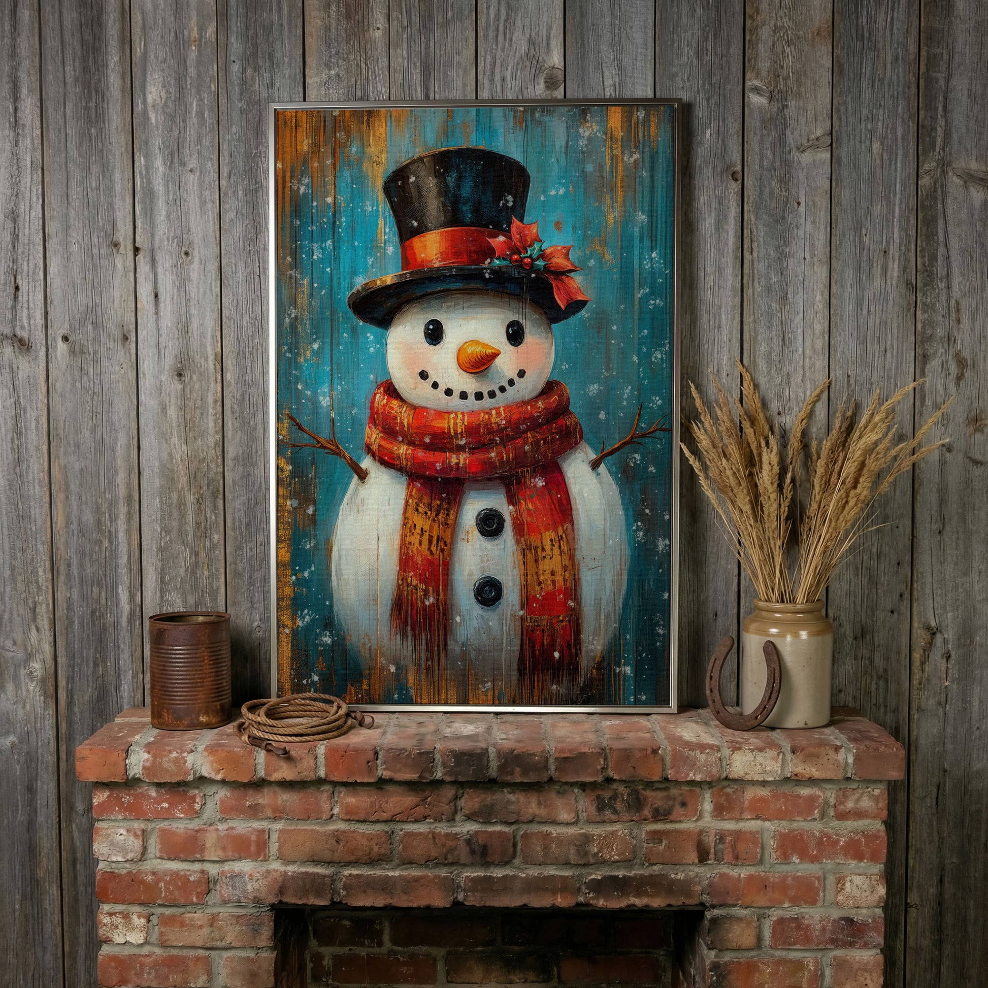 Whimsical Smiling Snowman Canvas Print in silver floating frame