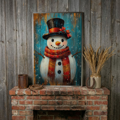 Whimsical Smiling Snowman Canvas Print in silver floating frame