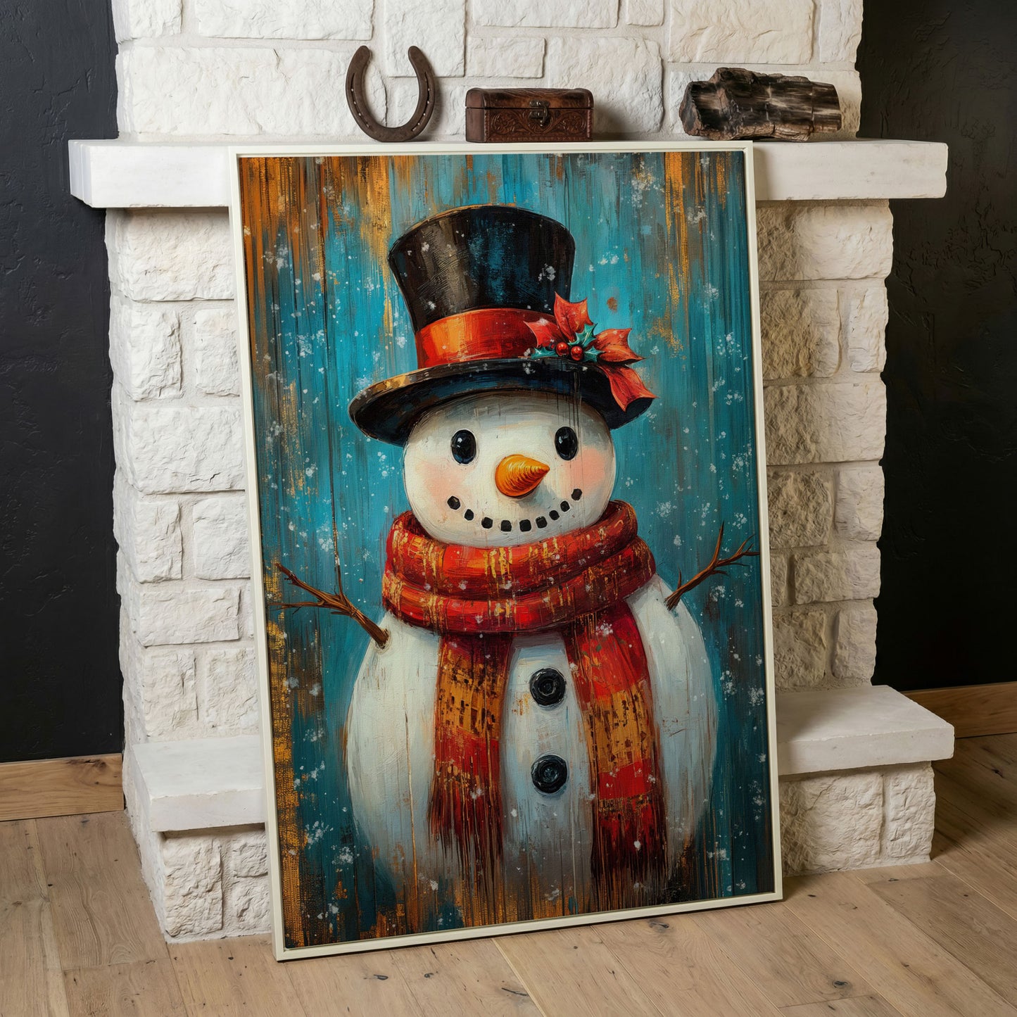 Whimsical Smiling Snowman Canvas Print in white floating frame