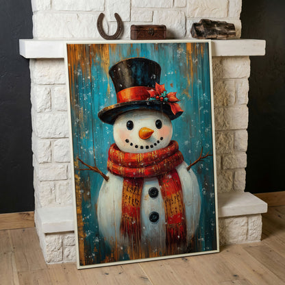 Whimsical Smiling Snowman Canvas Print in white floating frame
