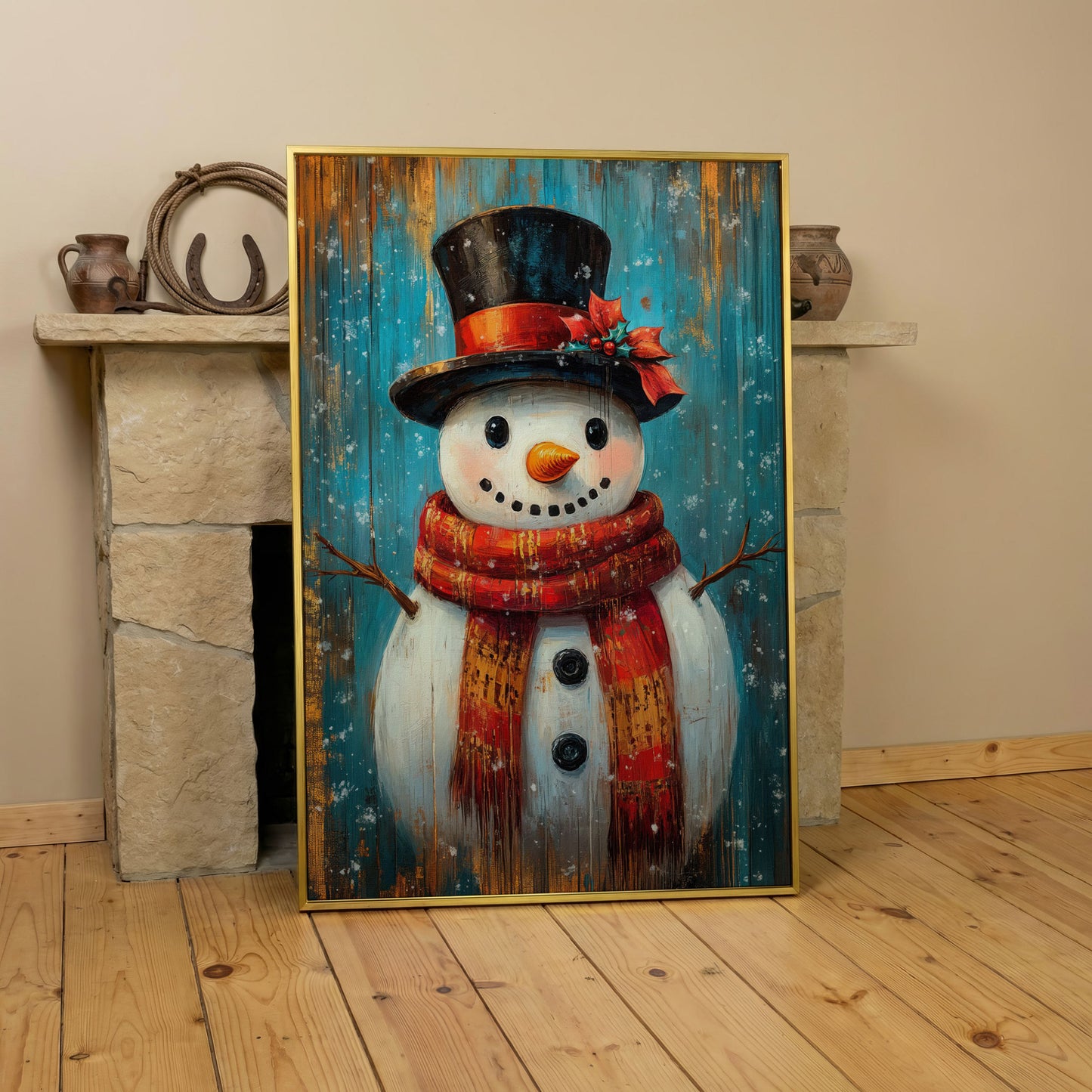 Whimsical Smiling Snowman Canvas Print in yellow gold floating frame