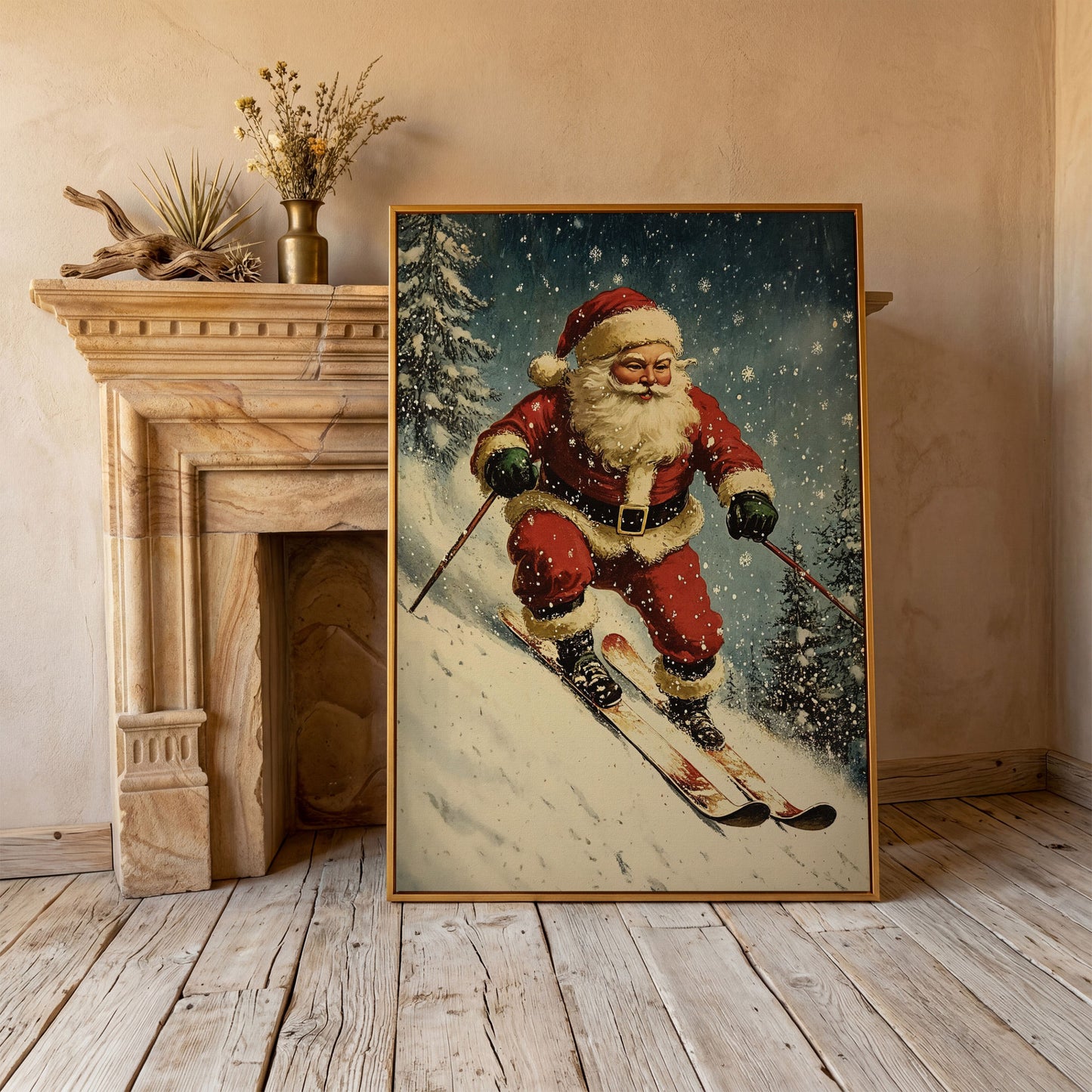 Santa on Skis Canvas Print in antique gold floating frame
