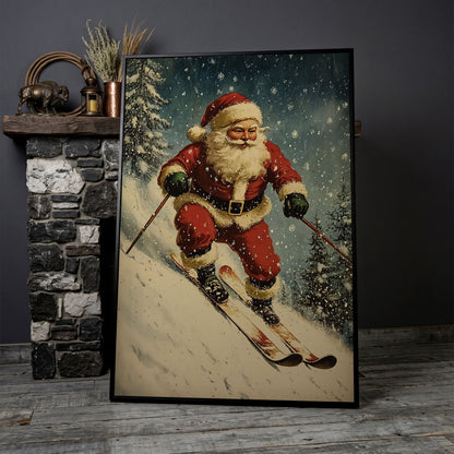 Santa on Skis Canvas Print in black floating frame